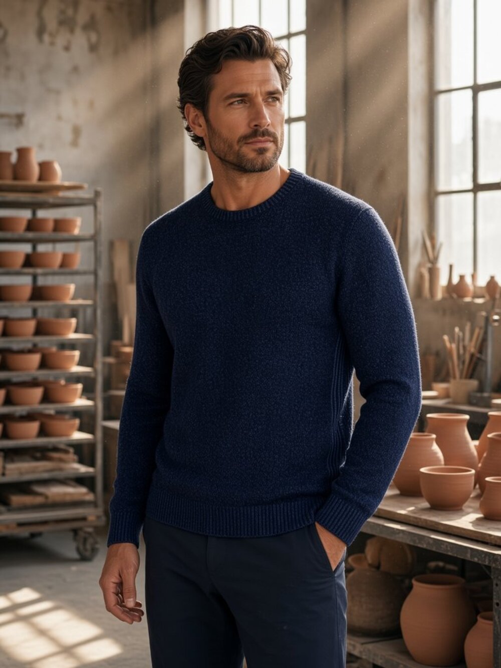 Dylan Gray Men Navy Viscose Wool Cashmere Crewneck Pullover Sweater Classic US M